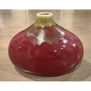 Tozai Home Vase Burgundy Red w/ Green Drip Glazed Stoneware Pottery Handmade #22